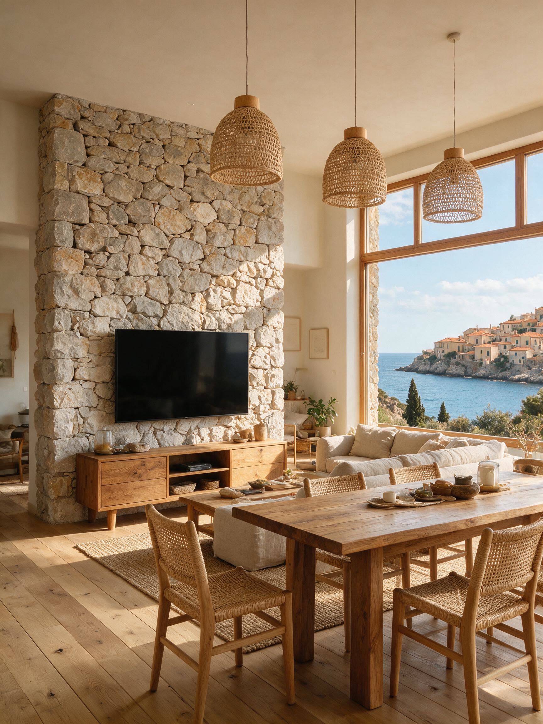 Living room with a stone feature wall