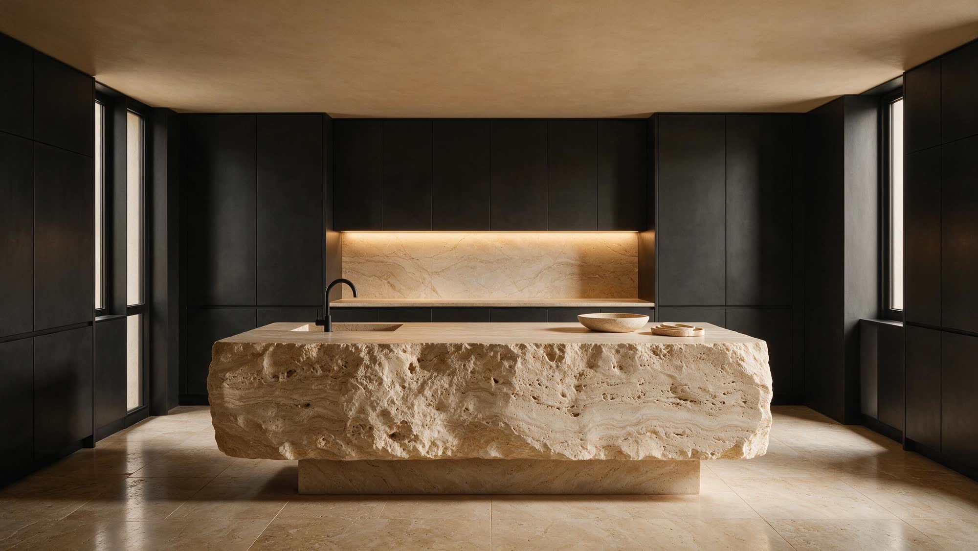 A monolithic travertine island